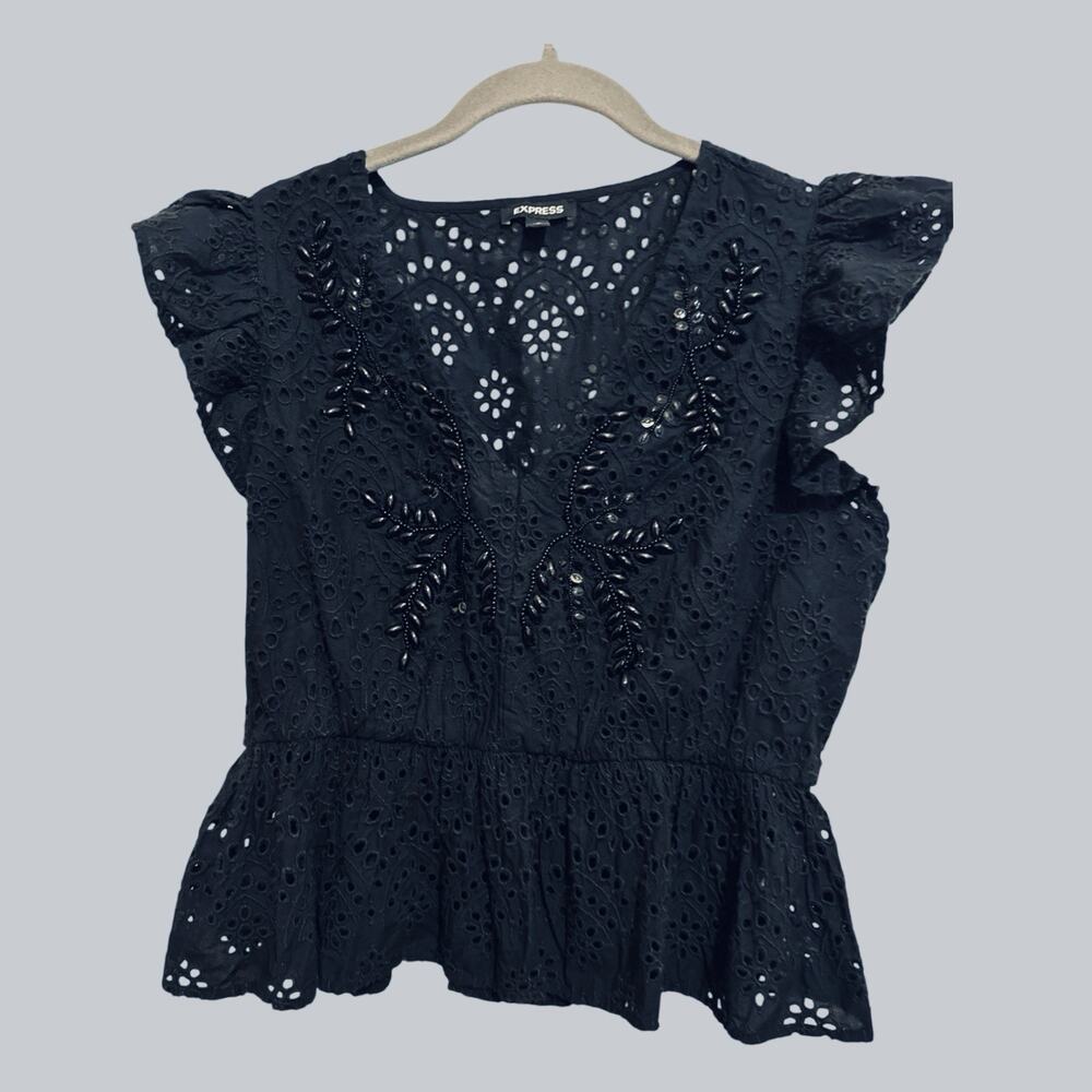 Express Beaded Black Eyelet Ruffle Sleeves Top Whimsigoth Festival Gypsy Size M - Picture 1 of 10